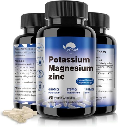 مكمل VPKIN البوتاسيوم والمغنيسيوم 1000 ملغ، أسبارتات المغنيسيوم والبوتاسيوم والزنك يدعم صحة الأوعية الدموية والعظام والقلب والعضلات والأعصاب، غير معدل وراثيًا، نباتي، (150 كبسولة) in Kuwait
