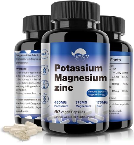 مكمل VPKIN البوتاسيوم والمغنيسيوم 1000 ملغ، أسبارتات المغنيسيوم والبوتاسيوم والزنك يدعم صحة الأوعية الدموية والعظام والقلب والعضلات والأعصاب، غير معدل وراثيًا، نباتي، (150 كبسولة) in Kuwait