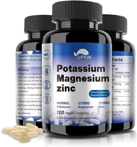 مكمل VPKIN البوتاسيوم والمغنيسيوم 1000 ملغ، أسبارتات المغنيسيوم والبوتاسيوم والزنك يدعم صحة الأوعية الدموية والعظام والقلب والعضلات والأعصاب، غير معدل وراثيًا، نباتي، (150 كبسولة) in Kuwait
