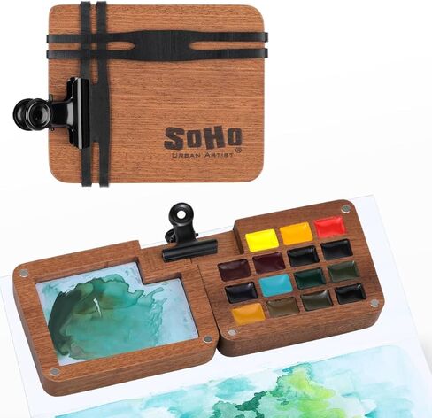 Soho Urban Artist Mini Wooden Travel Watercolor Set of 15 - Professional Watercolor Paint Set for Watercolorists & Plein Air Artists, Semi-Moist Pans, Pocket-Sized Magnetic Wood Case with Mixing Area in Saudi Arabia