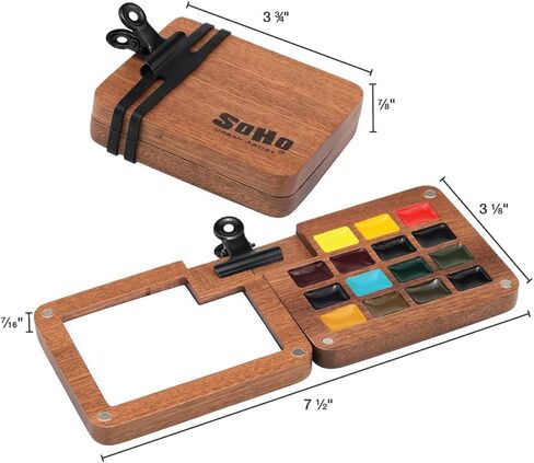 Soho Urban Artist Mini Wooden Travel Watercolor Set of 15 - Professional Watercolor Paint Set for Watercolorists & Plein Air Artists, Semi-Moist Pans, Pocket-Sized Magnetic Wood Case with Mixing Area in Saudi Arabia