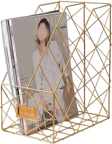 Modern Geometric Metal File Organizer for Desk, 8"×10"×12" Iron Mesh Magazine Holder, Desktop Document Rack Storage for Office Supplies, Vertical Book Stand File Folder Rack (Golden) in Saudi Arabia