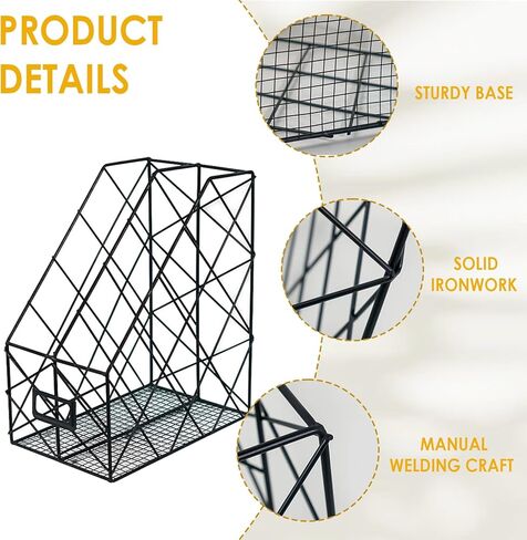 Modern Geometric Metal File Organizer for Desk, 8"×10"×12" Iron Mesh Magazine Holder, Desktop Document Rack Storage for Office Supplies, Vertical Book Stand File Folder Rack (Golden) in Saudi Arabia