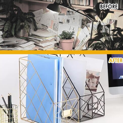 Modern Geometric Metal File Organizer for Desk, 8"×10"×12" Iron Mesh Magazine Holder, Desktop Document Rack Storage for Office Supplies, Vertical Book Stand File Folder Rack (Golden) in Saudi Arabia