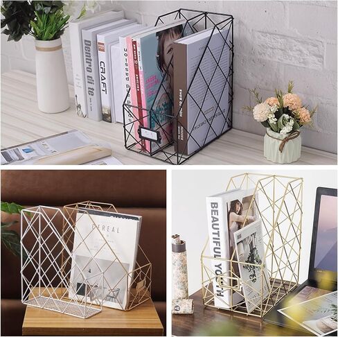 Modern Geometric Metal File Organizer for Desk, 8"×10"×12" Iron Mesh Magazine Holder, Desktop Document Rack Storage for Office Supplies, Vertical Book Stand File Folder Rack (Golden) in Saudi Arabia