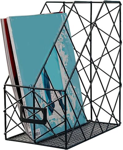 Modern Geometric Metal File Organizer for Desk, 8"×10"×12" Iron Mesh Magazine Holder, Desktop Document Rack Storage for Office Supplies, Vertical Book Stand File Folder Rack (Golden) in Saudi Arabia