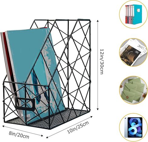 Modern Geometric Metal File Organizer for Desk, 8"×10"×12" Iron Mesh Magazine Holder, Desktop Document Rack Storage for Office Supplies, Vertical Book Stand File Folder Rack (Golden) in Saudi Arabia
