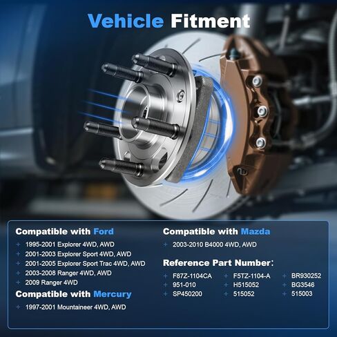 Anytek Fornt محمل العجلة اليسرى أو اليمنى ومجموعة المحور لسيارة Ford Explorer Explorer Sport Ranger 1995-2009 لسيارة Mercury Mountaineer 1997-2001 لسيارة Mazda B4000 2003-2010 4WD AWD استبدال # 515052 in Saudi Arabia