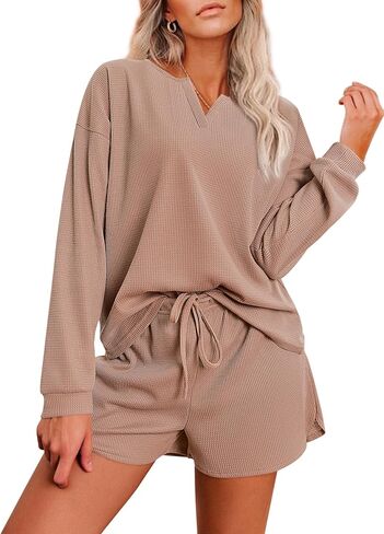 Ekouaer Womens Waffle Knit Pajamas Lounge Set Long Sleeve Top and Shorts 2 Piece Loungewear with Pockets in Kuwait