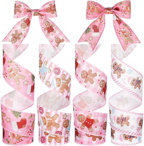 Norme 4 Roll Christmas Pink Ribbon 2.5 Inch 40 Yards Gingerbread Man Christmas Wired Edge Fabric Ribbon for Xmas Tree Decoration, DIY Crafts, Bow Wreath, Gift Wrapping in Saudi Arabia