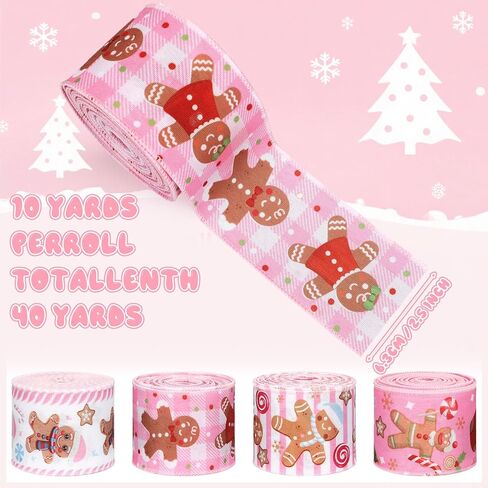 Norme 4 Roll Christmas Pink Ribbon 2.5 Inch 40 Yards Gingerbread Man Christmas Wired Edge Fabric Ribbon for Xmas Tree Decoration, DIY Crafts, Bow Wreath, Gift Wrapping in Saudi Arabia