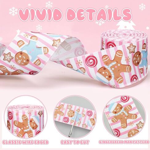 Norme 4 Roll Christmas Pink Ribbon 2.5 Inch 40 Yards Gingerbread Man Christmas Wired Edge Fabric Ribbon for Xmas Tree Decoration, DIY Crafts, Bow Wreath, Gift Wrapping in Saudi Arabia