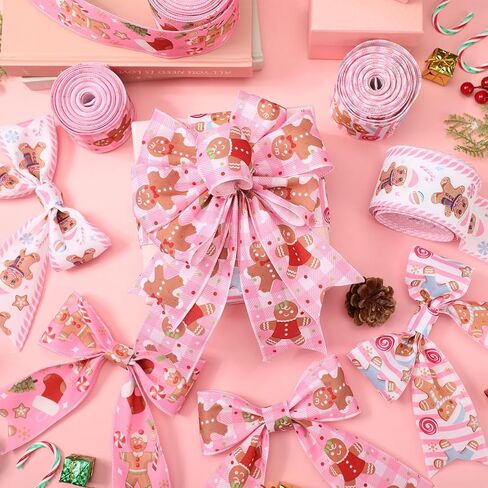 Norme 4 Roll Christmas Pink Ribbon 2.5 Inch 40 Yards Gingerbread Man Christmas Wired Edge Fabric Ribbon for Xmas Tree Decoration, DIY Crafts, Bow Wreath, Gift Wrapping in Saudi Arabia