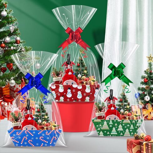 Jectivs 12 Sets Colorful Christmas Gift Basket Empty with Transparent Cellophane Bags, Cardboard Xmas Gift Box Bulk with Pull Bows Ribbons to Fill for Christmas Birthday Party Wrapping Gifts in Saudi Arabia