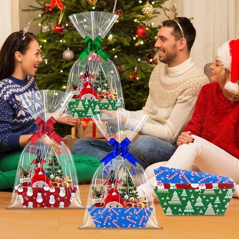 Jectivs 12 Sets Colorful Christmas Gift Basket Empty with Transparent Cellophane Bags, Cardboard Xmas Gift Box Bulk with Pull Bows Ribbons to Fill for Christmas Birthday Party Wrapping Gifts in Saudi Arabia