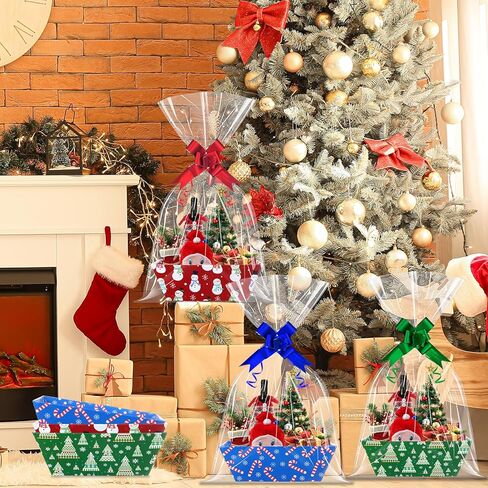 Jectivs 12 Sets Colorful Christmas Gift Basket Empty with Transparent Cellophane Bags, Cardboard Xmas Gift Box Bulk with Pull Bows Ribbons to Fill for Christmas Birthday Party Wrapping Gifts in Saudi Arabia