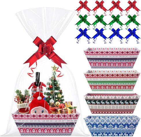 Jectivs 12 Sets Colorful Christmas Gift Basket Empty with Transparent Cellophane Bags, Cardboard Xmas Gift Box Bulk with Pull Bows Ribbons to Fill for Christmas Birthday Party Wrapping Gifts in Saudi Arabia