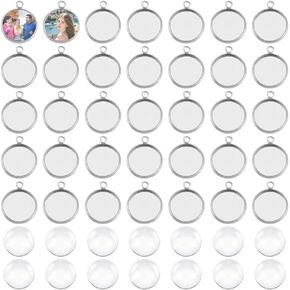 UNICRAFTALE about 200Pcs 100 Sets Flat Round Cabochon Pendant Blanks Dome Bezels Charms 12mm Tray Stainless Steel Base Cabochon Charms with Glass Cabochons for DIY Jewelry Making in Kuwait