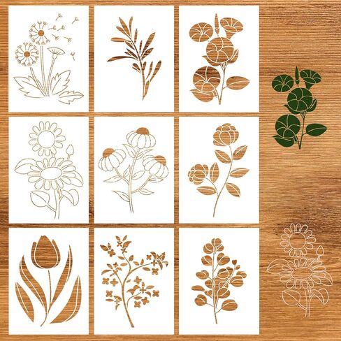 9pcs Flower Stencils, PET Plastic Floral Stencils Reusable Floral for Walls 9 Styles Flower Daisy Tulip Sunflower Drawing for Wood Wall Door Furniture Craft in Saudi Arabia