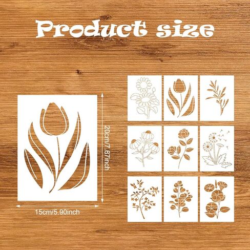 9pcs Flower Stencils, PET Plastic Floral Stencils Reusable Floral for Walls 9 Styles Flower Daisy Tulip Sunflower Drawing for Wood Wall Door Furniture Craft in Saudi Arabia