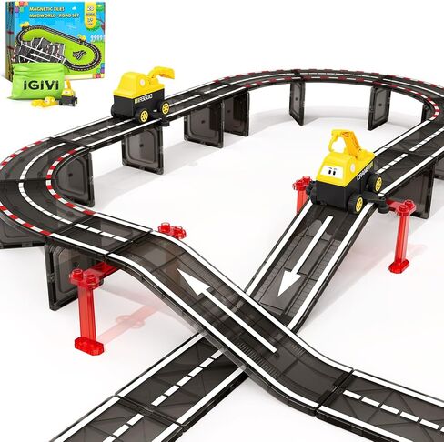 Magnetic Tiles City Road Construction Toys, Magnet Building Blocks for Toddler Kids Toys, Creative Montessori Toys for 3+ Year Old Boys & Girls, Ideal Birthday Christmas Gifting for Kids Ages 3-5 5-7 in Kuwait