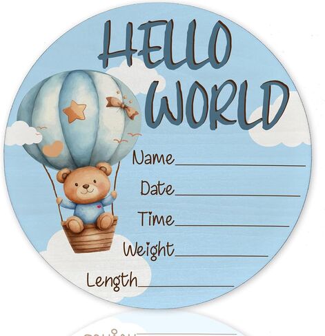 Baby Announcement Sign for Newborn Boys or Girls, Hello World Newborn Sign, Nursery Wall Decor, Baby Name Sign, Hot Air Balloon Theme Birch Wood 6 inch Circle Board Birth Stat Sign in Kuwait