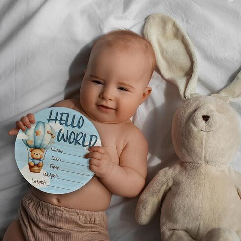 Baby Announcement Sign for Newborn Boys or Girls, Hello World Newborn Sign, Nursery Wall Decor, Baby Name Sign, Hot Air Balloon Theme Birch Wood 6 inch Circle Board Birth Stat Sign in Kuwait