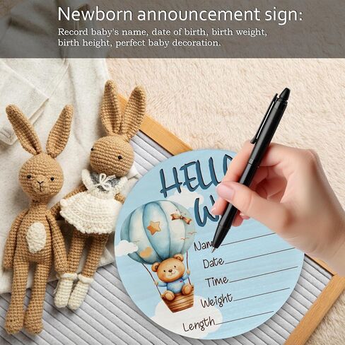 Baby Announcement Sign for Newborn Boys or Girls, Hello World Newborn Sign, Nursery Wall Decor, Baby Name Sign, Hot Air Balloon Theme Birch Wood 6 inch Circle Board Birth Stat Sign in Kuwait
