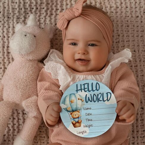 Baby Announcement Sign for Newborn Boys or Girls, Hello World Newborn Sign, Nursery Wall Decor, Baby Name Sign, Hot Air Balloon Theme Birch Wood 6 inch Circle Board Birth Stat Sign in Kuwait