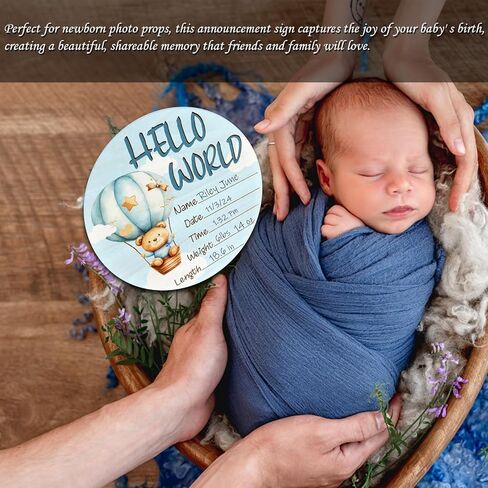 Baby Announcement Sign for Newborn Boys or Girls, Hello World Newborn Sign, Nursery Wall Decor, Baby Name Sign, Hot Air Balloon Theme Birch Wood 6 inch Circle Board Birth Stat Sign in Kuwait