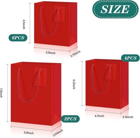 Marspark 12 Pieces Christmas Red Gift Bags with Handles, Paper Euro Totes Gift Bags, Red Paper Gift Wrap Bags with Cards for Xmas Valentine's Day Birthdays Party Favor(Medium,Small,Mini) in Saudi Arabia