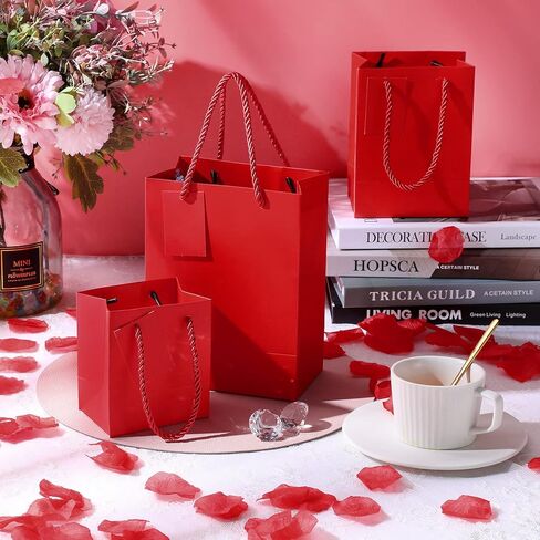 Marspark 12 Pieces Christmas Red Gift Bags with Handles, Paper Euro Totes Gift Bags, Red Paper Gift Wrap Bags with Cards for Xmas Valentine's Day Birthdays Party Favor(Medium,Small,Mini) in Saudi Arabia