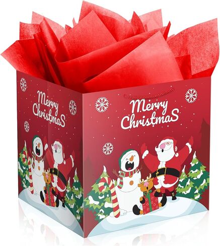 ysmile Large Square Christmas Gift Bag with Tissue Paper for Kids Adults Xmas Holiday Gift Wrapping 11 - Red Santa in Saudi Arabia