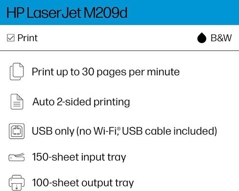 طابعة ليزر HP LaserJet M209d، أبيض وأسود، دوبلكس تلقائي، اتصال USB فقط (يتضمن الكابل)، مثالية في المكتب المنزلي (8J9L0F) (متجددة) in Saudi Arabia