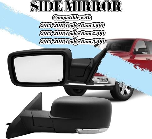 Driver Side Mirror Compatible With 2013-2018 Dodge Ram 1500 2500 3500 With Power Heated Glass Turn Signal Light Puddle Light Temperature Sensor Manual Folding Texture Black (LH) in Saudi Arabia