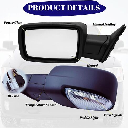 Driver Side Mirror Compatible With 2013-2018 Dodge Ram 1500 2500 3500 With Power Heated Glass Turn Signal Light Puddle Light Temperature Sensor Manual Folding Texture Black (LH) in Saudi Arabia