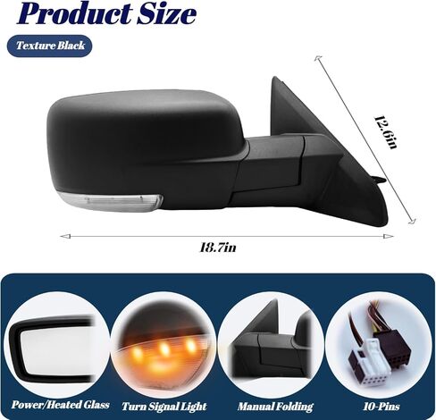 Driver Side Mirror Compatible With 2013-2018 Dodge Ram 1500 2500 3500 With Power Heated Glass Turn Signal Light Puddle Light Temperature Sensor Manual Folding Texture Black (LH) in Saudi Arabia