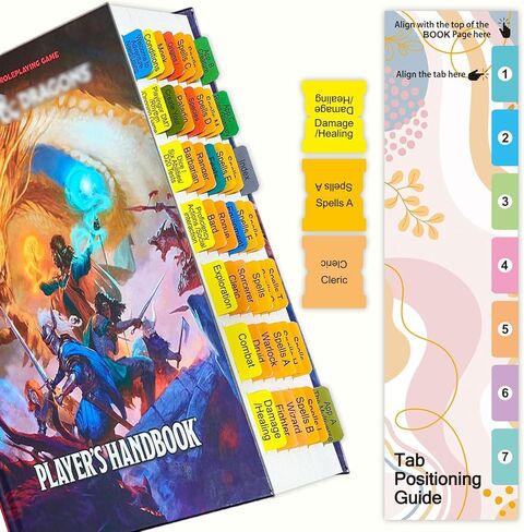 علامات تبويب فهرس الكتاب لكتيب اللاعب D&D 2024 (كتاب القواعد الأساسية D&D). الكتاب غير متضمن. 48 علامة تبويب مرمزة بالألوان، مغلفة ومقاومة للماء ومتينة مع دليل المحاذاة in Kuwait