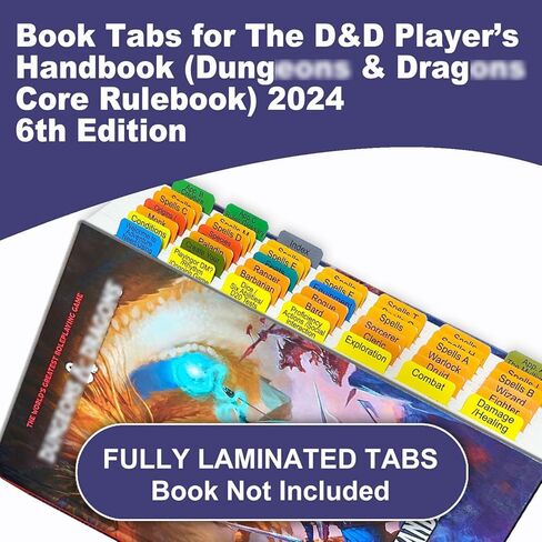 علامات تبويب فهرس الكتاب لكتيب اللاعب D&D 2024 (كتاب القواعد الأساسية D&D). الكتاب غير متضمن. 48 علامة تبويب مرمزة بالألوان، مغلفة ومقاومة للماء ومتينة مع دليل المحاذاة in Kuwait