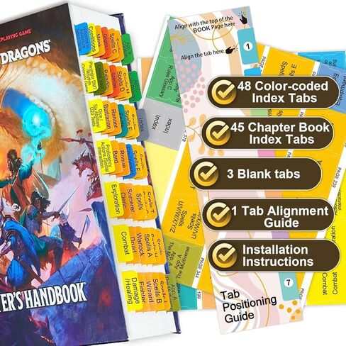 علامات تبويب فهرس الكتاب لكتيب اللاعب D&D 2024 (كتاب القواعد الأساسية D&D). الكتاب غير متضمن. 48 علامة تبويب مرمزة بالألوان، مغلفة ومقاومة للماء ومتينة مع دليل المحاذاة in Kuwait