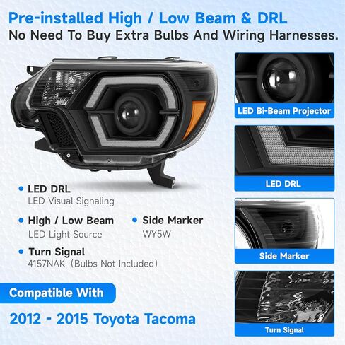 ELH 500% مجموعات المصابيح الأمامية الأكثر سطوعًا تناسب 2012 2013 2014 2015 12 13 14 15 تويوتا تاكوما مع LED DRL كشافات أمامية سوداء الإسكان العنبر عاكس in Kuwait