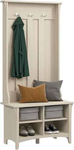 Bush Furniture Salinas Hall Tree with Shoe Bench | Entryway Storage Set | Mudroom Organizer with Coat Rack and Footwear Shelves, Small, Antique White in Kuwait