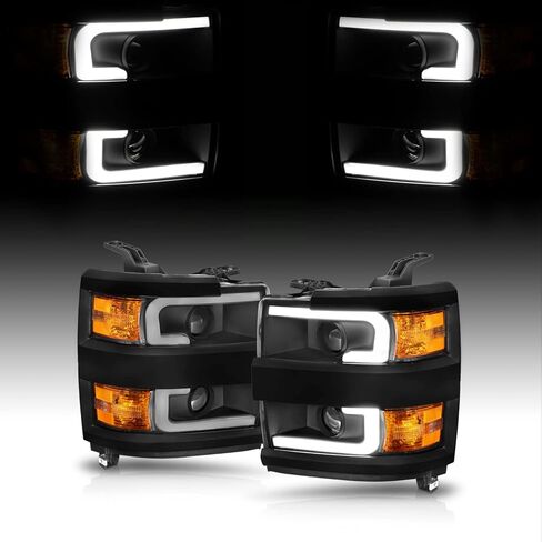AmeriLite لشاحنة العمل 2015-2019 Chevy Silverado 2500HD 3500HD مع أنبوب LED مزدوج مجموعة المصابيح الأمامية البديلة لجهاز العرض المربع باللون الأسود الداكن - جانب الركاب والسائق in Kuwait