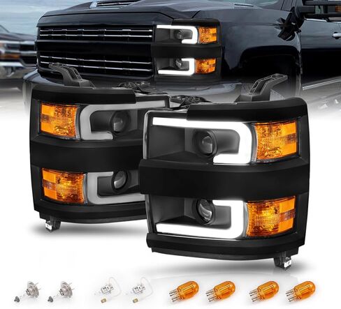 AmeriLite لشاحنة العمل 2015-2019 Chevy Silverado 2500HD 3500HD مع أنبوب LED مزدوج مجموعة المصابيح الأمامية البديلة لجهاز العرض المربع باللون الأسود الداكن - جانب الركاب والسائق in Kuwait