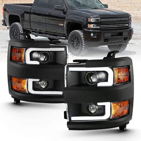 AmeriLite لشاحنة العمل 2015-2019 Chevy Silverado 2500HD 3500HD مع أنبوب LED مزدوج مجموعة المصابيح الأمامية البديلة لجهاز العرض المربع باللون الأسود الداكن - جانب الركاب والسائق in Kuwait