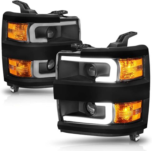 AmeriLite لشاحنة العمل 2015-2019 Chevy Silverado 2500HD 3500HD مع أنبوب LED مزدوج مجموعة المصابيح الأمامية البديلة لجهاز العرض المربع باللون الأسود الداكن - جانب الركاب والسائق in Kuwait