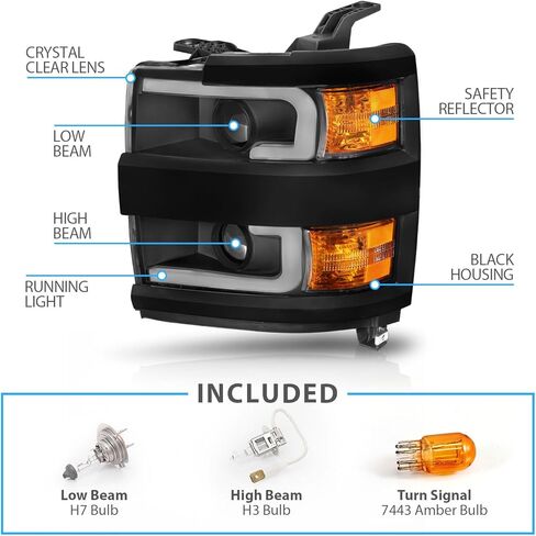 AmeriLite لشاحنة العمل 2015-2019 Chevy Silverado 2500HD 3500HD مع أنبوب LED مزدوج مجموعة المصابيح الأمامية البديلة لجهاز العرض المربع باللون الأسود الداكن - جانب الركاب والسائق in Kuwait