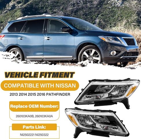 Headlight Assembly Compatible with Nissan Pathfinder 2013-2016, Halogen Headlamp Replacements for NI2502221 NI250322 26060-3KA0B 26010-3KA0B, w/o High/Low Beam, Chrome Housing Amber Reflector in Saudi Arabia