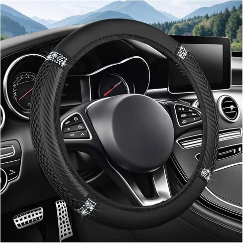 Bling Car Steering Wheel Cover, 15 Inch Elastic Stretch Crystal Rhinestone Vehicle Steering Wheel Protector, Anti-Slip Auto Interior Protective Cover, Universal for SUV RV Truck (Black) in Saudi Arabia