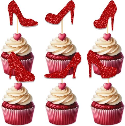 Heel Cupcake Topper for Beautiful High Heel Make Up Theme Party Favors Decorations Women Girls Happy Birthday Party Decor Supplies 18pcs Red Glitter in Saudi Arabia